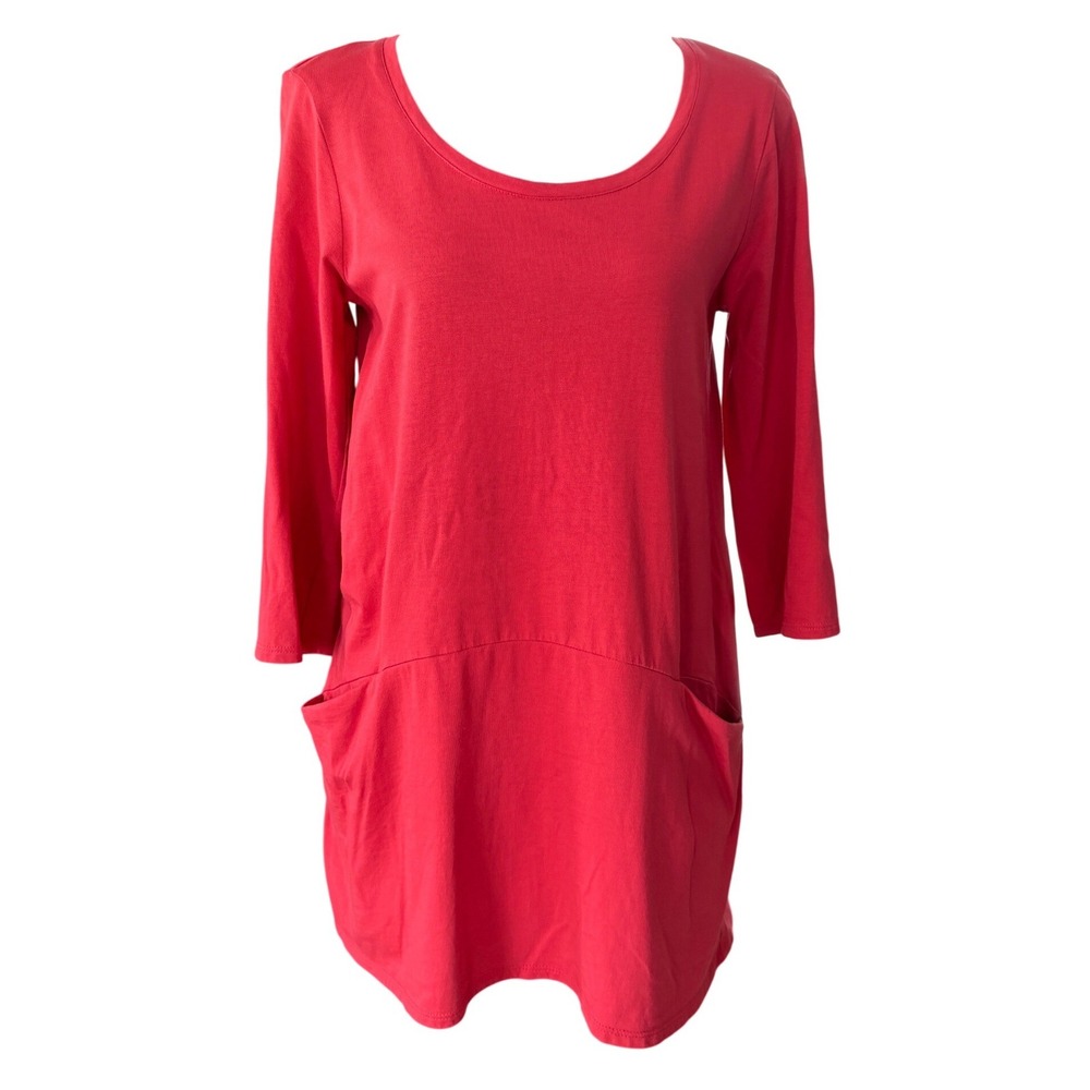 Pure Jill Curved Seam Tunic Top Size XS Coral Red Pima Cotton 3/4 Sleeve Preppy